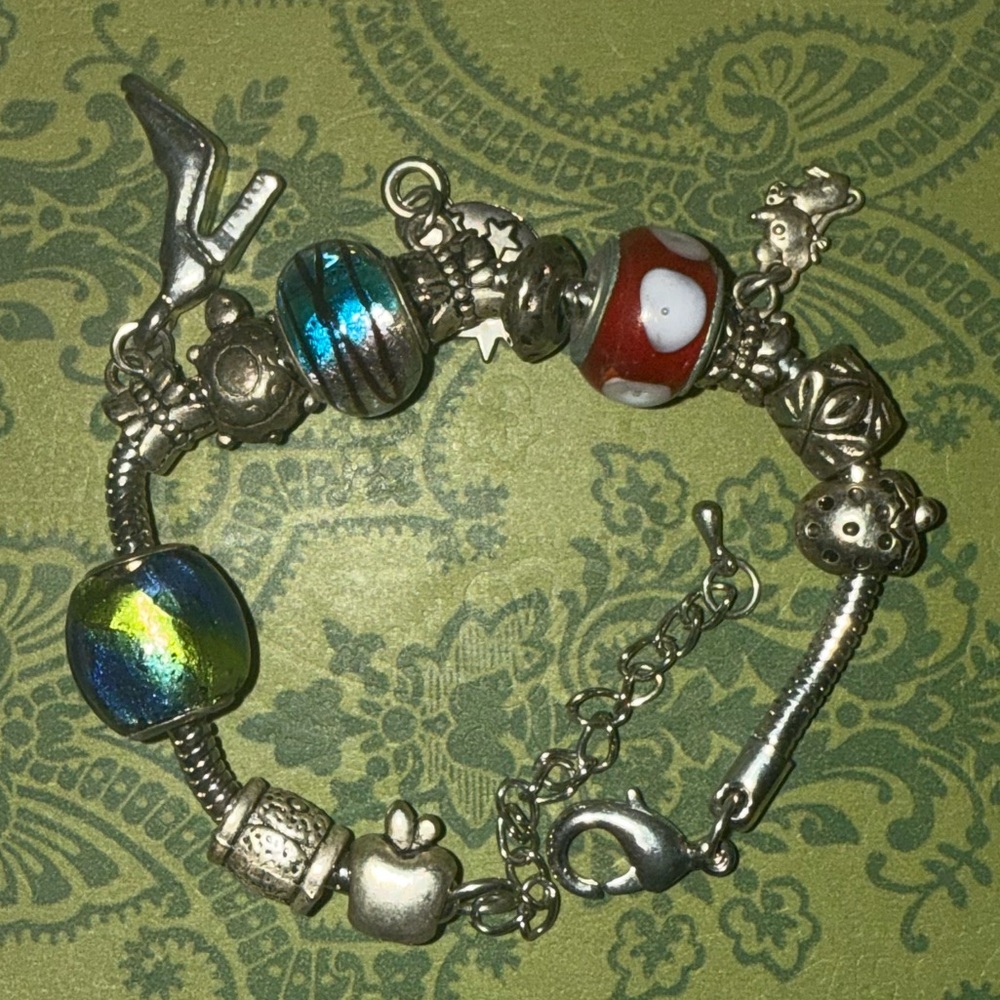 Silver Charm Bracelet Pandora Style w Glass Charms